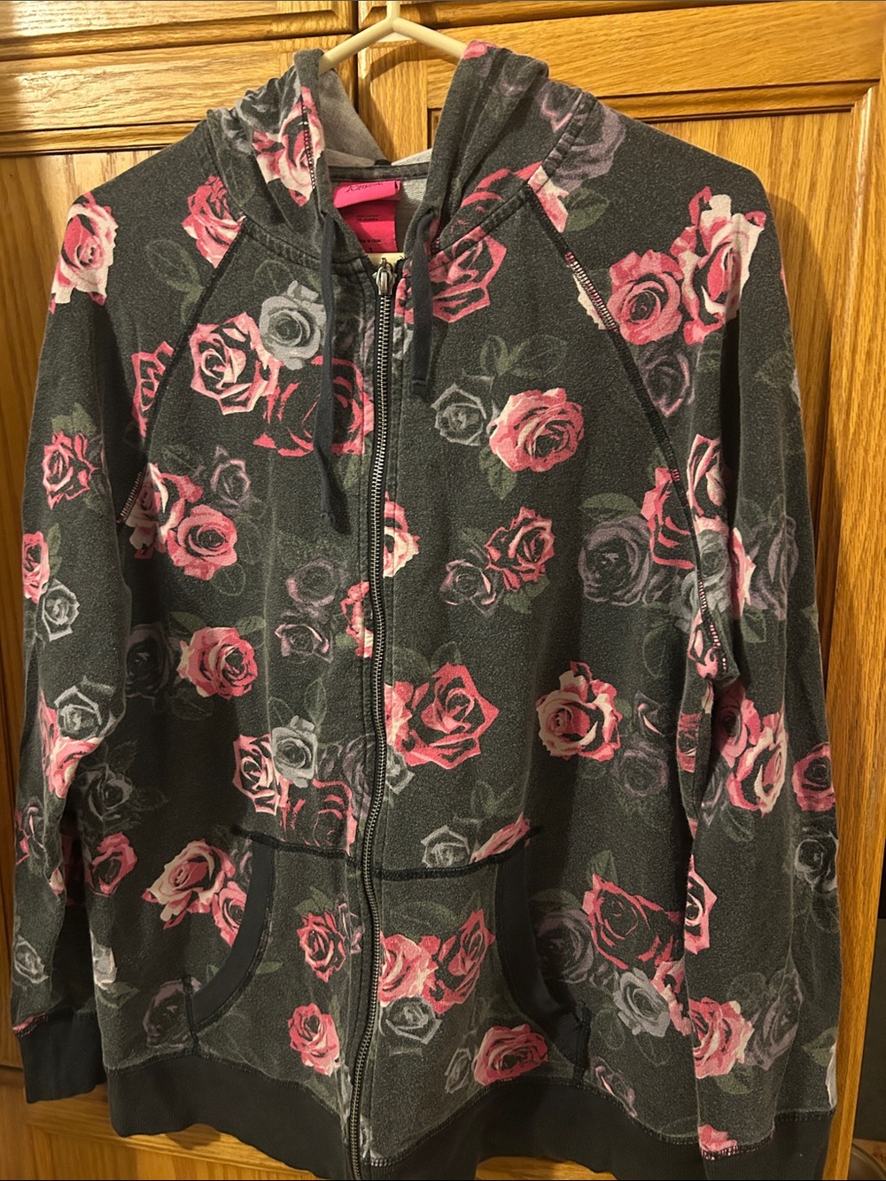 Women's Floral Zip Hoodie Sweatshirt - Pink Rose on Charcoal